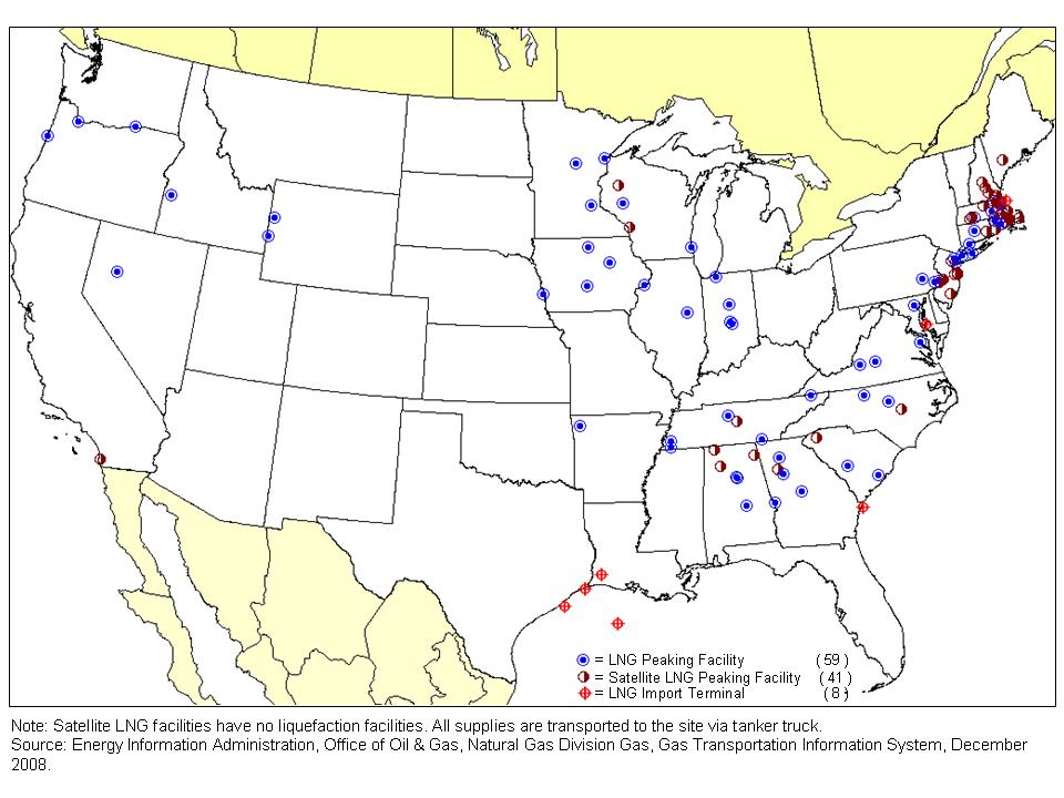 Map of LNG Peak Shaving Plants in U.S.
